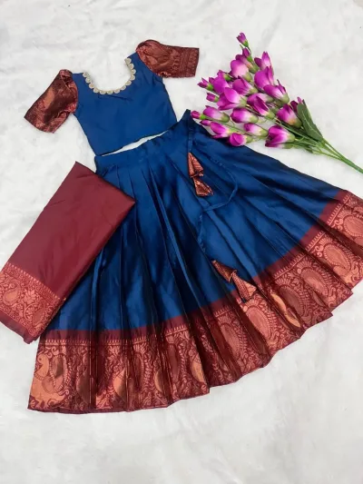Royal Blue Lichi Silk Kids Lehenga